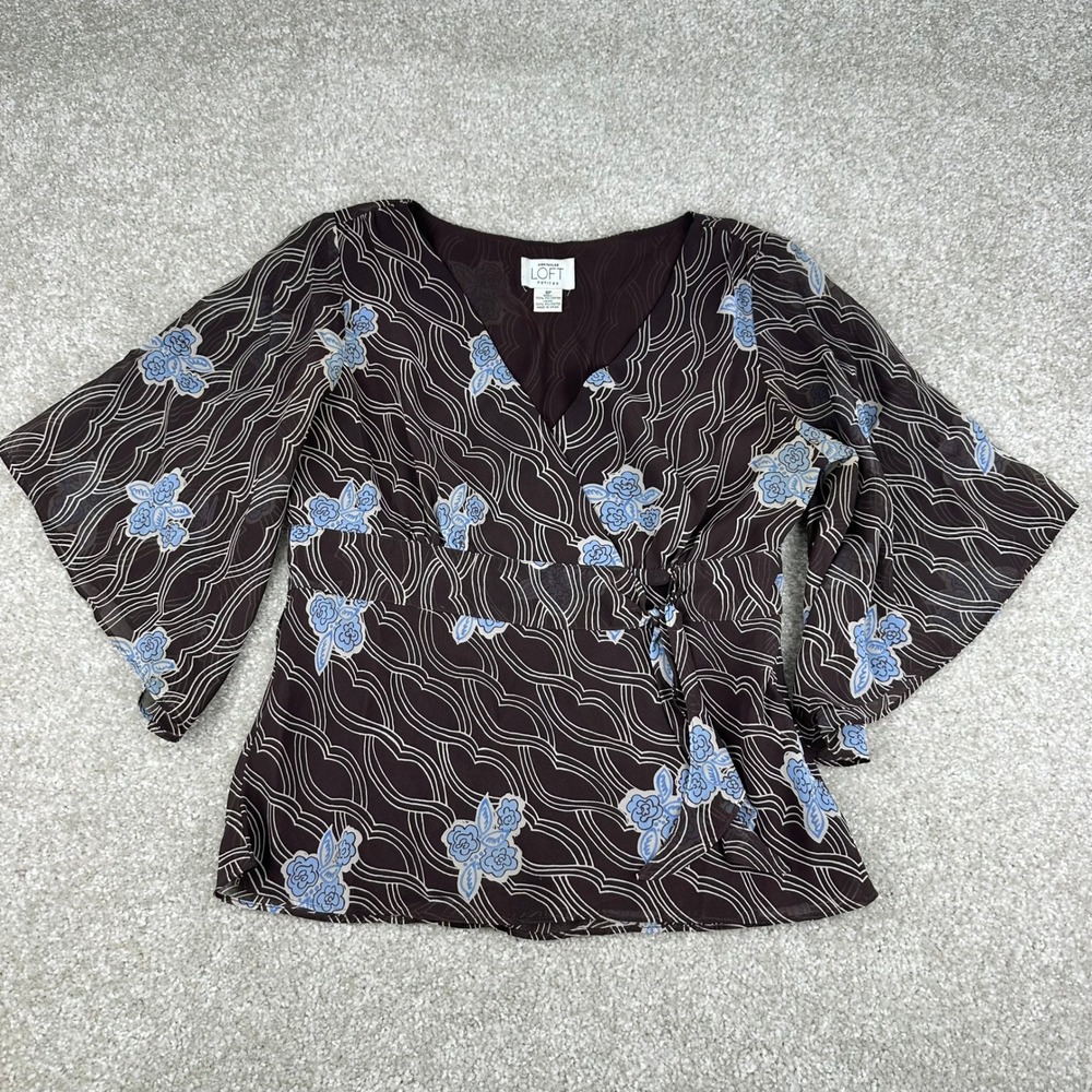 Ann Taylor Loft Petite Brown Blue Floral Faux Wrap Bell Sleeve Blouse Top 8P Y2K